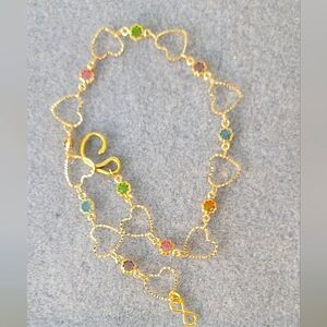 14K Gold Plated Heart Multicolor Rhinestones  Ankle Bracelet